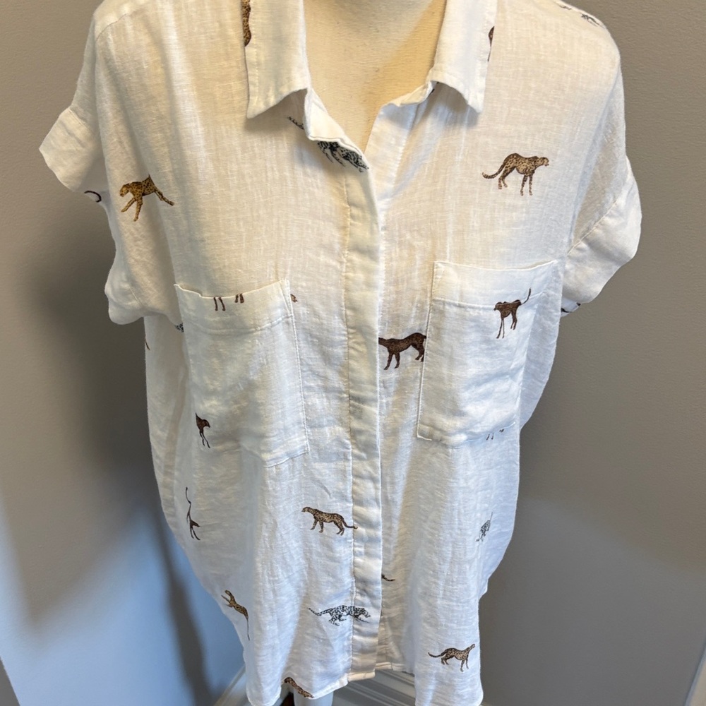 White Button-Up Shirt with Brown Cheetah Print